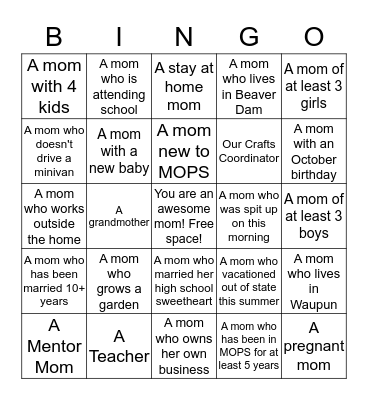 MOPS MOMS Bingo Card