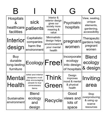 How does design affect mental health and ecology? Bingo Card