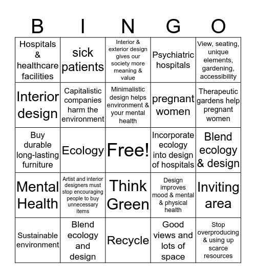 How does design affect mental health and ecology? Bingo Card