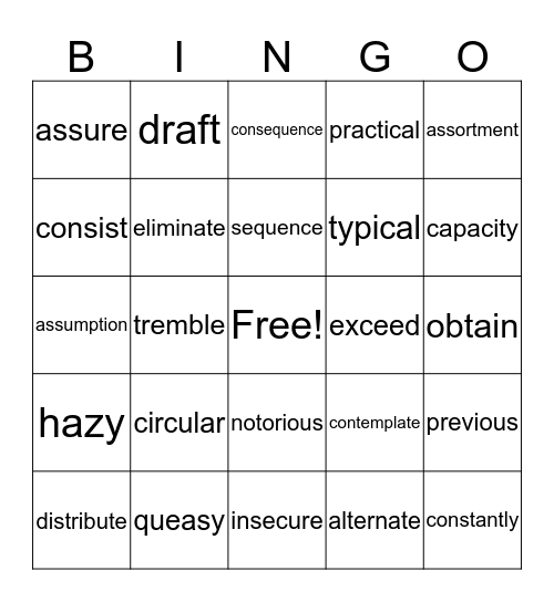 Vocabulary Review Bingo Card