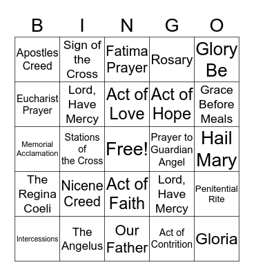 Prayer Bingo Card