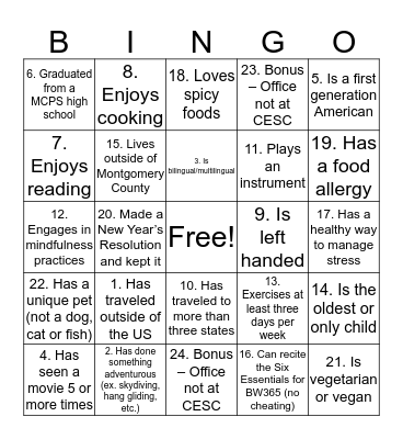 Be Well 365: Staff Scavenger Hunt Bingo Card