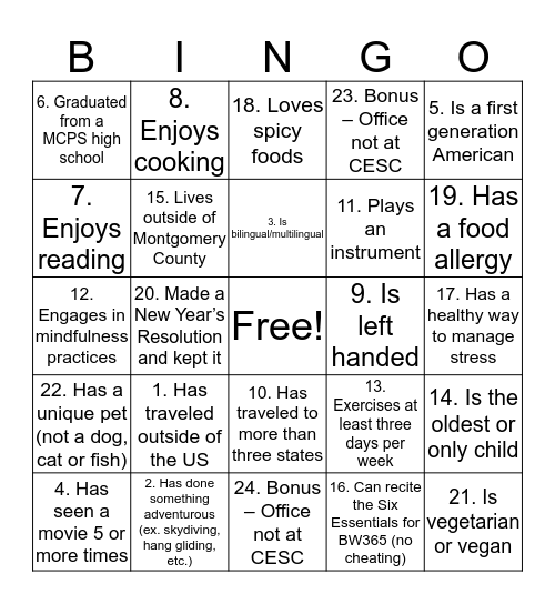 Be Well 365: Staff Scavenger Hunt Bingo Card