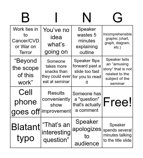 UTA Seminar Bingo Card