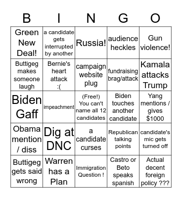 October Democratic Drinking Game Bingo Card