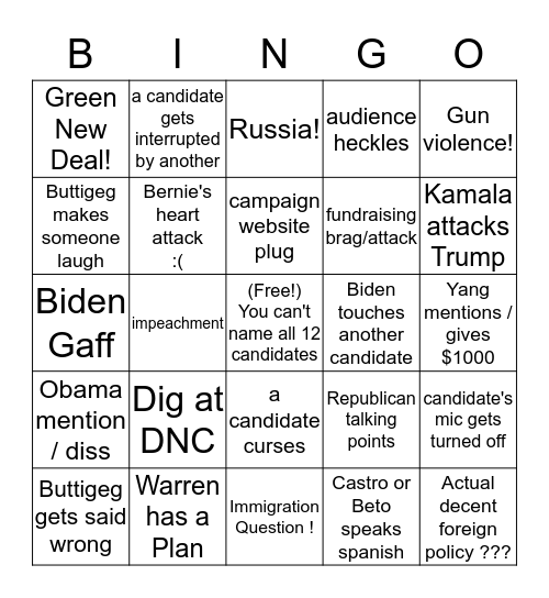 October Democratic Drinking Game Bingo Card