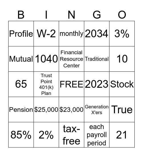 401(k) Bingo Basics Bingo Card