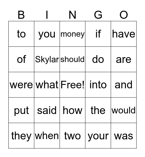 Sight Words 10.15.19 Bingo Card