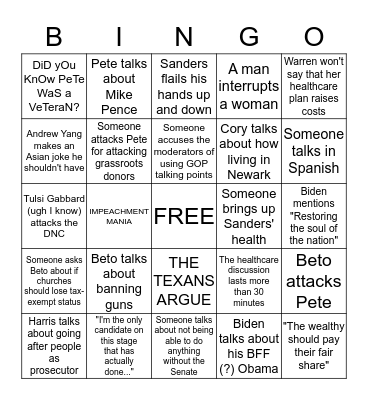 Democratic Debate Bingo Card