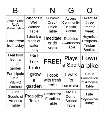 Journey to Wellness Bingo!  Bingo Card