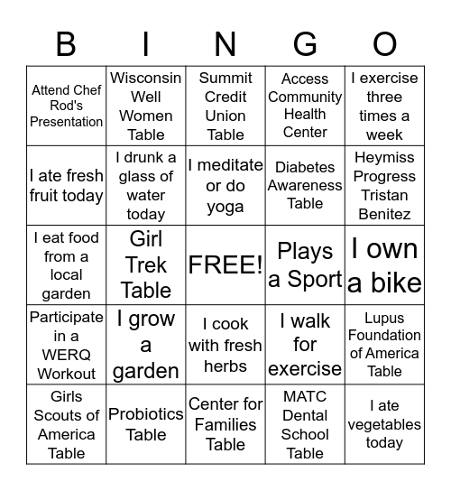 Journey to Wellness Bingo!  Bingo Card