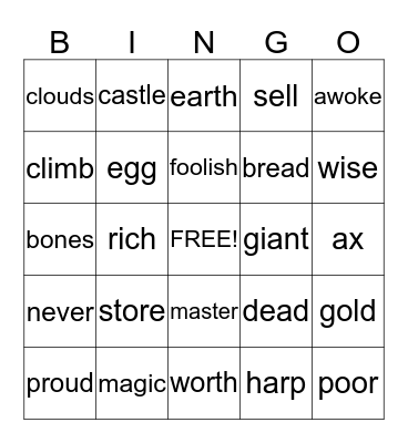 Jack and the Beanstalk Bingo Card