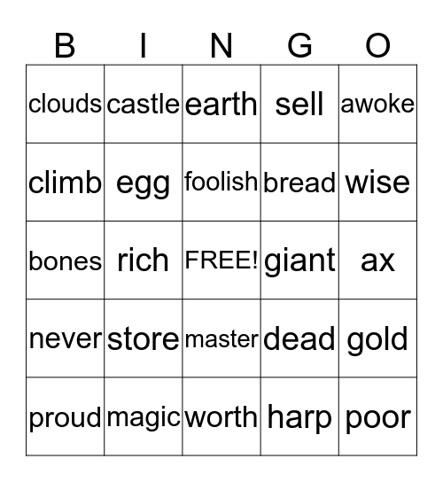 Jack and the Beanstalk Bingo Card