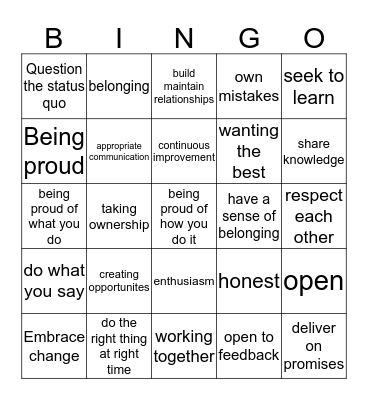 Values Bingo Card