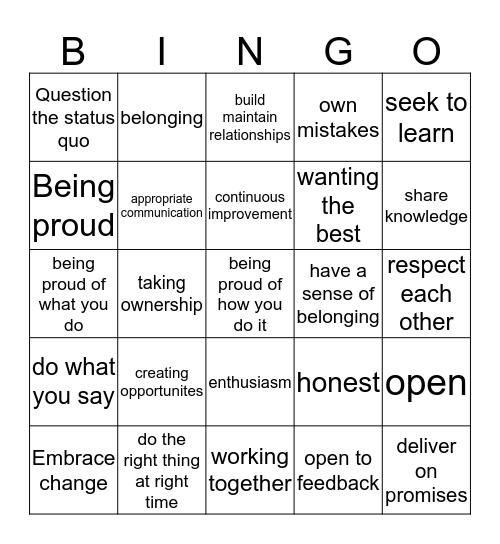 Values Bingo Card