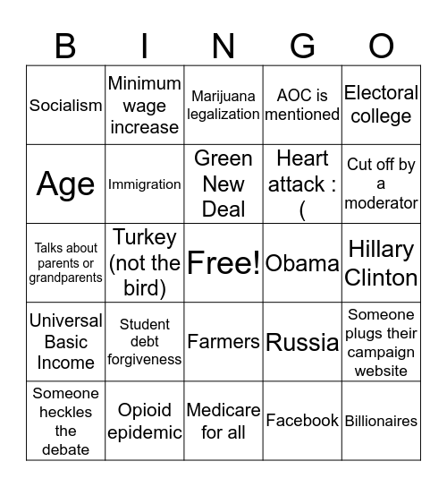 October Dem Debate Bingo Card