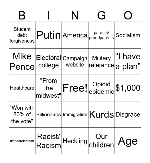 Democratic Debate 4: October 15, 2019 Bingo Card