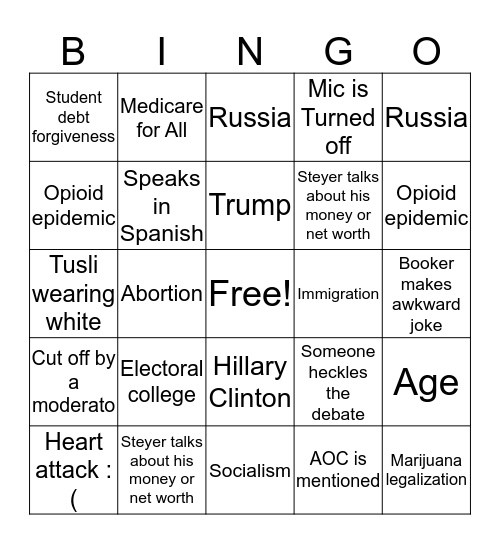 Democratic Debate BINGO!!! Bingo Card