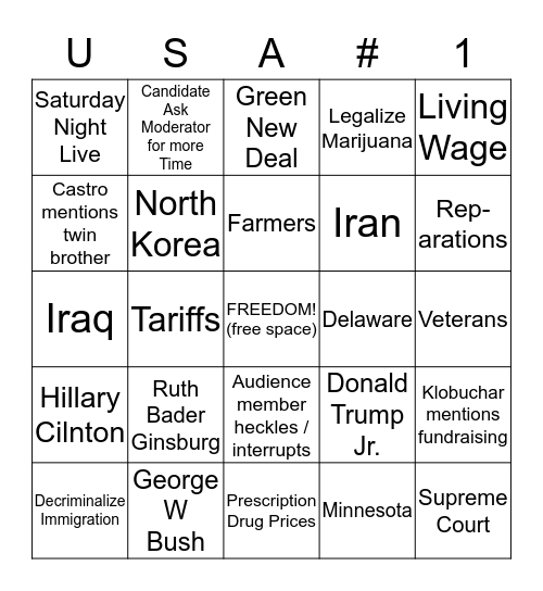 October Democratic Debate Bingo Card