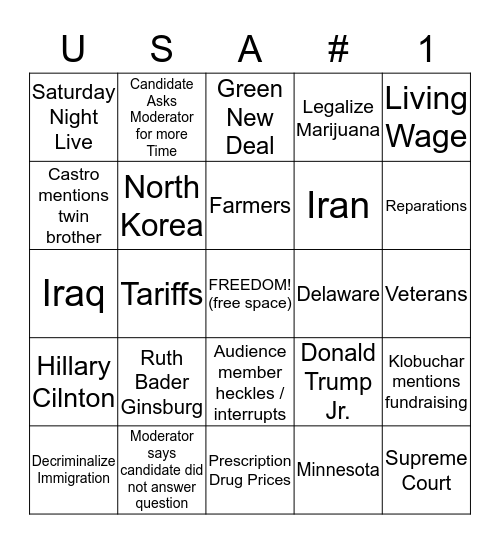October Democratic Debate Bingo Card