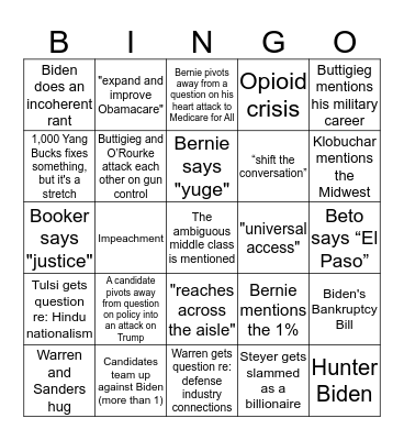 October 2019 Democratic Debate Bingo Card