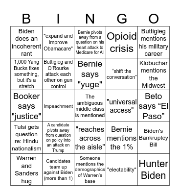 October 2019 Democratic Debate Bingo Card
