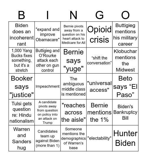 October 2019 Democratic Debate Bingo Card