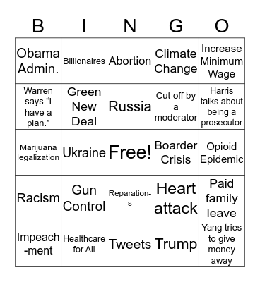 Democratic Debate Bingo Card