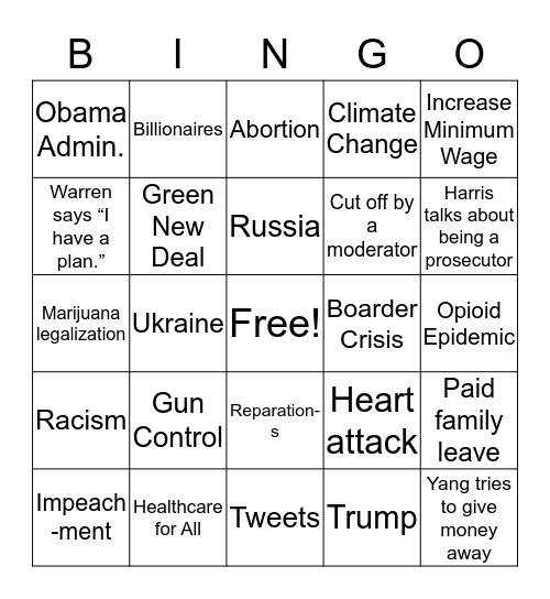 Democratic Debate Bingo Card