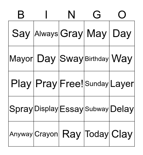 "AY" BINGO Card