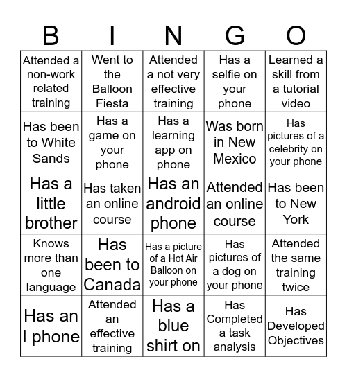 Training Bingo  Bingo Card