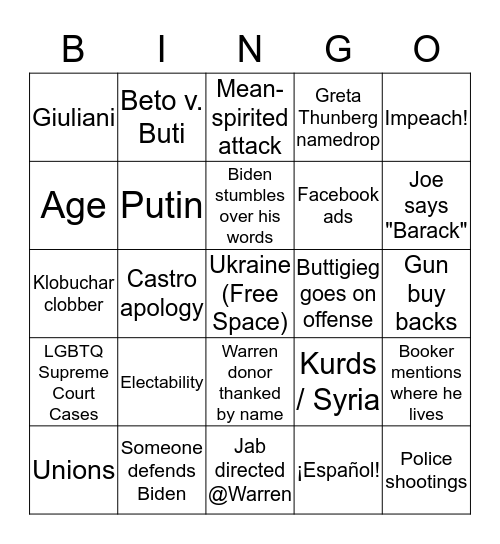 Dem Debate 10.15.19 Bingo Card