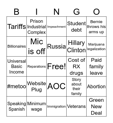 Democratic Primary Debate Bingo Card