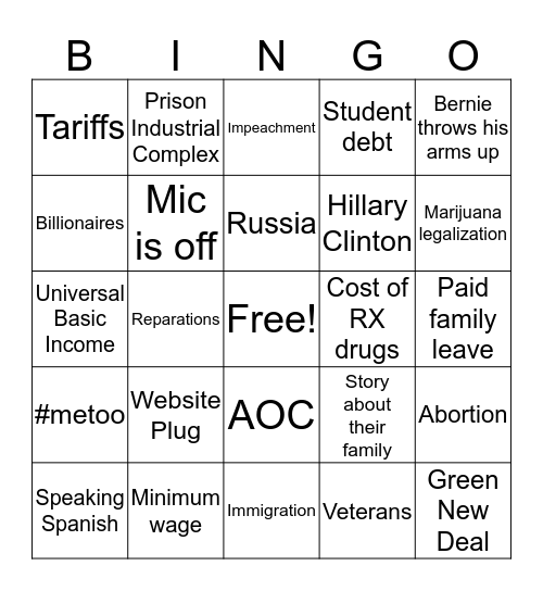 Democratic Primary Debate Bingo Card