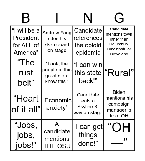 OH- No: an Ohio Democratic Debate Bingo Card