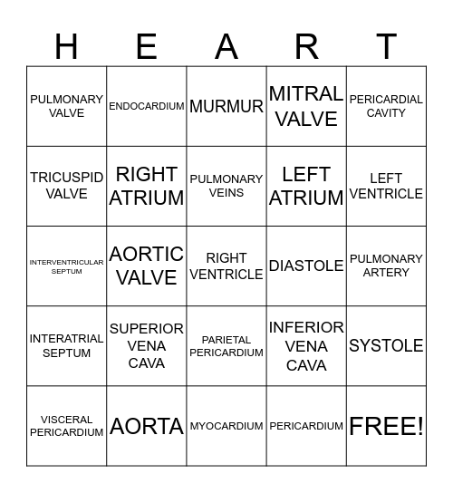 Heart Project Bingo Card