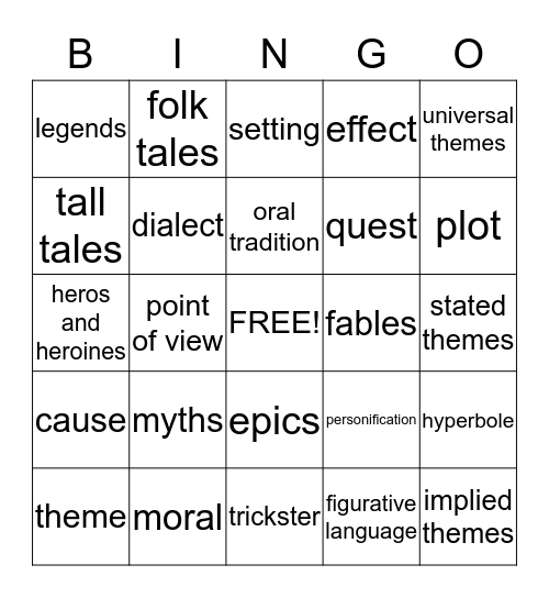 Elements of Folk Literature Bingo Card