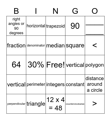 Math vocabulary Bingo Card