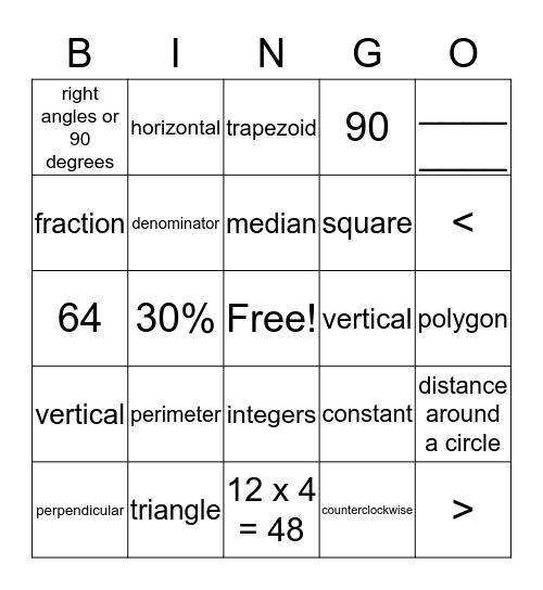 Math vocabulary Bingo Card