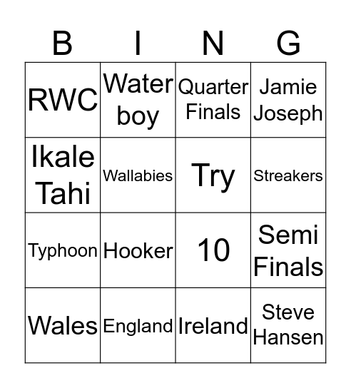 Rugby World Cup Bingo Card