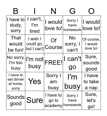 Appointment Bingo Card