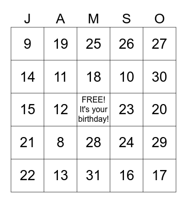 Months Bingo Card
