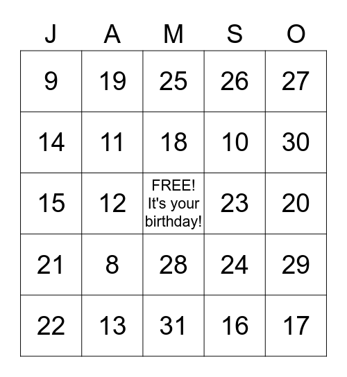 Months Bingo Card