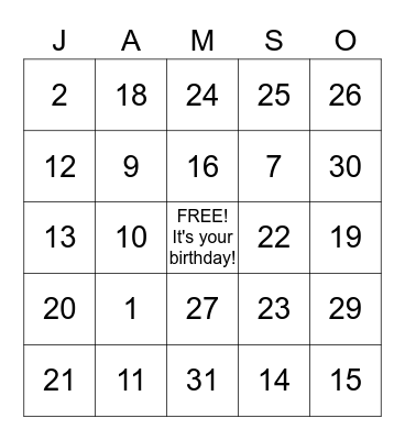 Dates in the Year Bingo Card