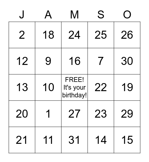 Dates in the Year Bingo Card