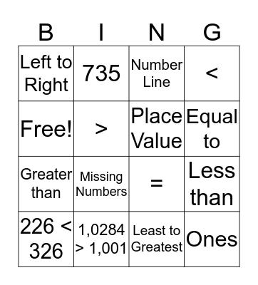 Comparing Numbers  Bingo Card