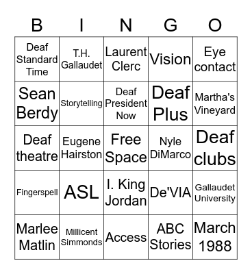 ASL and Deaf Culture Bingo Card