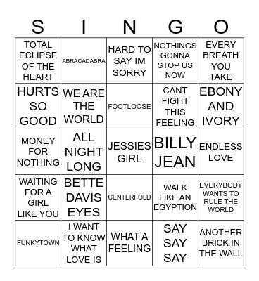 428 HITS OF THE 80’S Bingo Card
