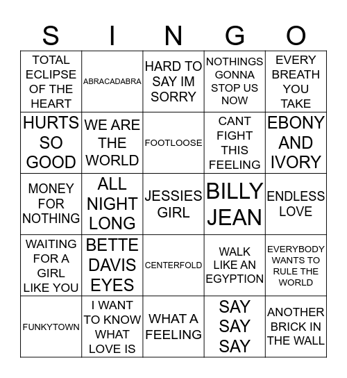 428 HITS OF THE 80’S Bingo Card
