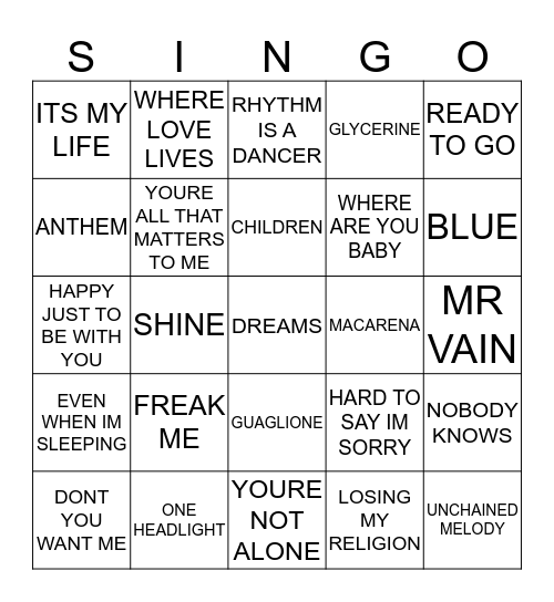 429 HITS OF THE 90’S Bingo Card